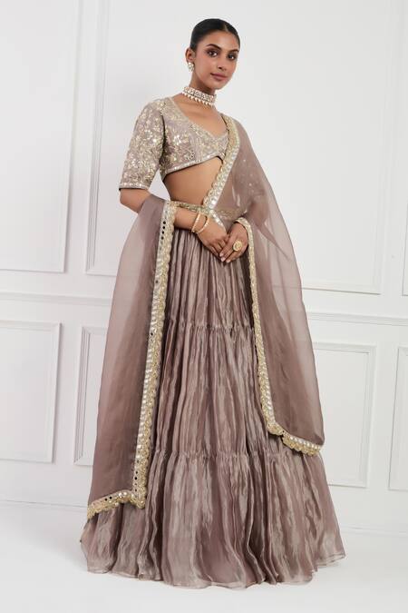 Neha Khullar_Brown Organza, Silk Cut Work, Embroidery, Pearls, Floral Tiered Lehenga Set _Online_at_Aza_Fashions