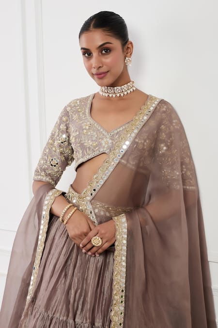 Buy_Neha Khullar_Brown Organza, Silk Cut Work, Embroidery, Pearls, Floral Tiered Lehenga Set _Online_at_Aza_Fashions