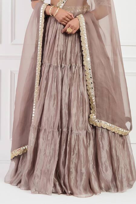 Shop_Neha Khullar_Brown Organza, Silk Cut Work, Embroidery, Pearls, Floral Tiered Lehenga Set _Online_at_Aza_Fashions