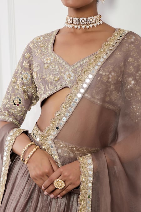 Neha Khullar_Brown Organza, Silk Cut Work, Embroidery, Pearls, Floral Tiered Lehenga Set _at_Aza_Fashions