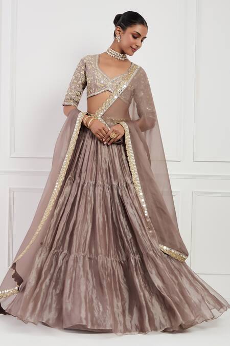 Buy_Neha Khullar_Brown Organza, Silk Cut Work, Embroidery, Pearls, Floral Tiered Lehenga Set 