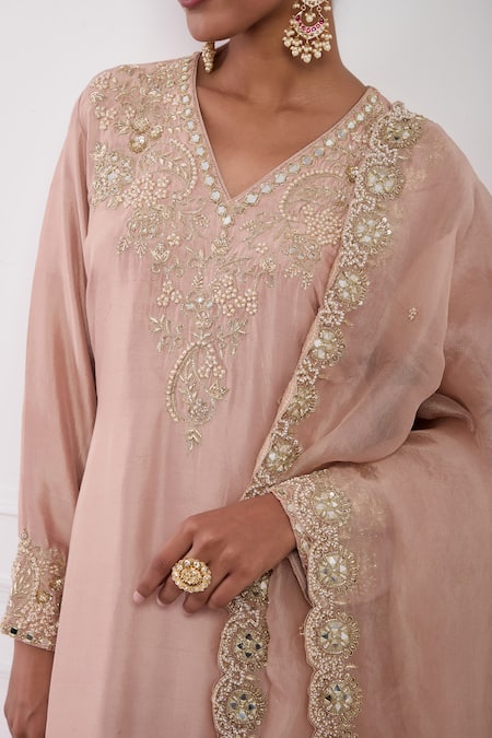 Shop Neha Khullar Pink Modal Satin, Dupion Silk, Organza, Lining Embroidered Kurta Set Online at Aza Fashions Shop_Neha Khullar_Pink Modal Satin, Dupion Silk, Organza, Lining Embroidered Kurta Set _Online_at_Aza_Fashions