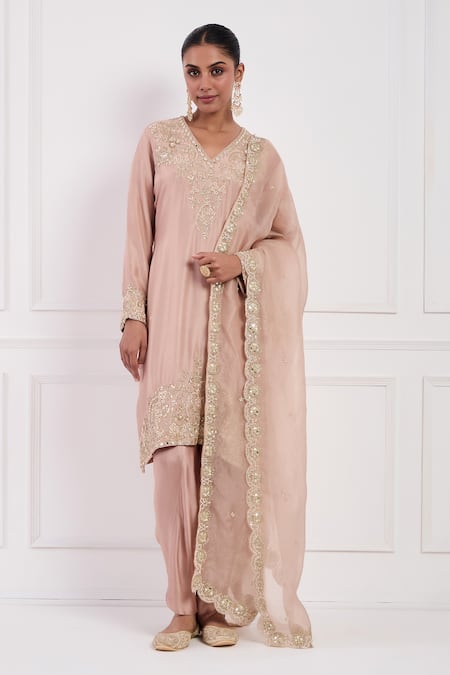 Neha Khullar Pink Modal Satin, Dupion Silk, Organza, Lining Embroidered Kurta Set at Aza Fashions Neha Khullar_Pink Modal Satin, Dupion Silk, Organza, Lining Embroidered Kurta Set _at_Aza_Fashions