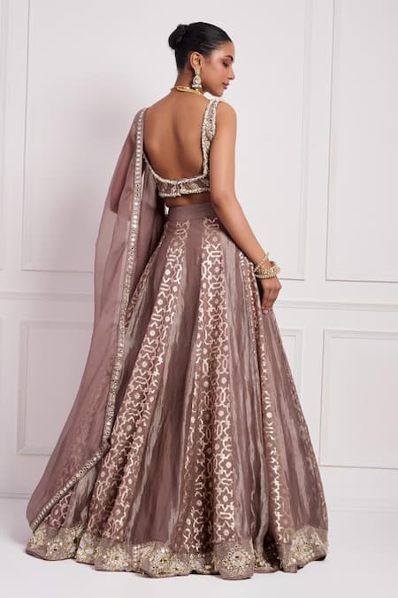 Neha Khullar Mocha Mouse Geometric Woven Lehenga Set 