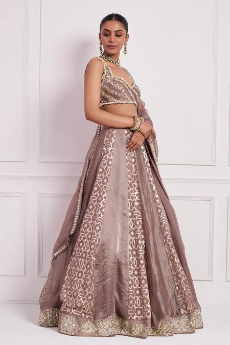 Neha Khullar_Brown Organza, Silk, Brocade Mirrors, Mocha Mouse Geometric Woven Lehenga Set _Online_at_Aza_Fashions