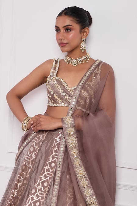 Buy_Neha Khullar_Brown Organza, Silk, Brocade Mirrors, Mocha Mouse Geometric Woven Lehenga Set _Online_at_Aza_Fashions
