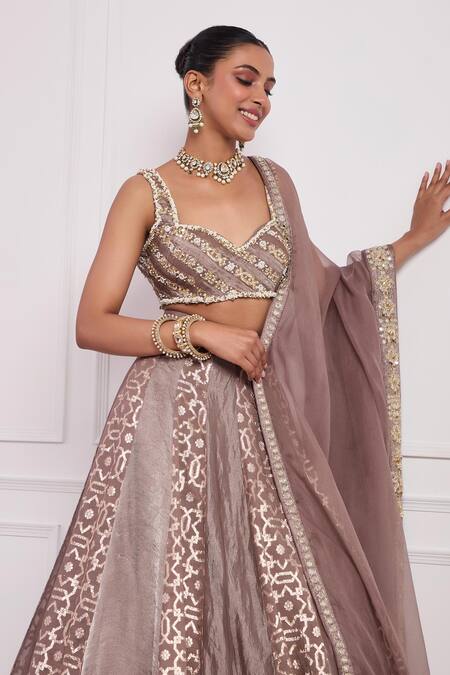 Shop_Neha Khullar_Brown Organza, Silk, Brocade Mirrors, Mocha Mouse Geometric Woven Lehenga Set _Online_at_Aza_Fashions