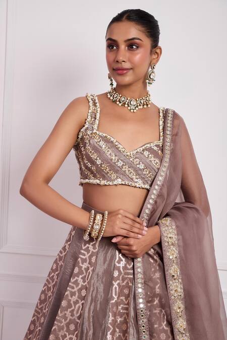 Neha Khullar_Brown Organza, Silk, Brocade Mirrors, Mocha Mouse Geometric Woven Lehenga Set _at_Aza_Fashions