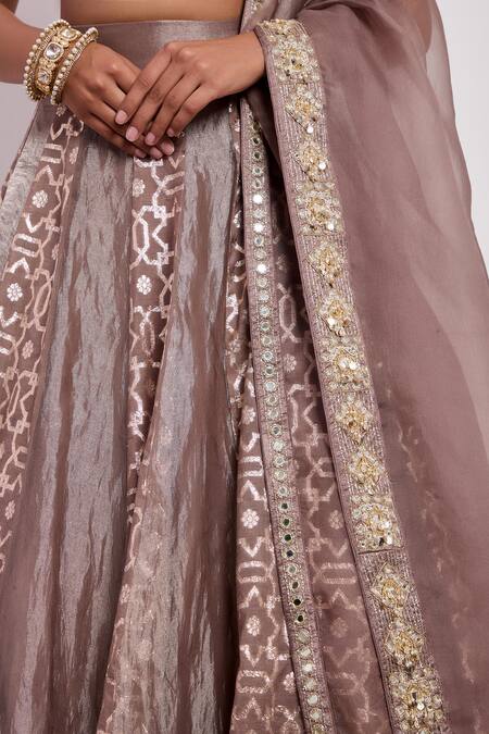 Buy_Neha Khullar_Brown Organza, Silk, Brocade Mirrors, Mocha Mouse Geometric Woven Lehenga Set 