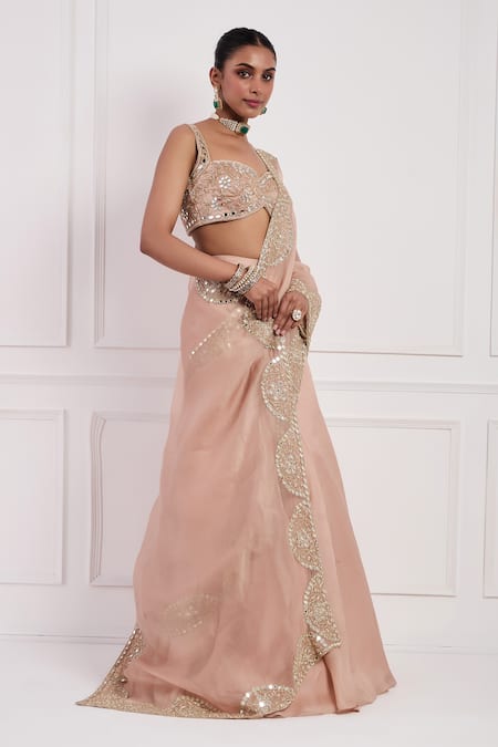 Neha Khullar Pink Silk, Organza, Linen Cut Work, Mirrors, Blush Pre-draped Lehenga Saree Set Online at Aza Fashions Neha Khullar_Pink Silk, Organza, Linen Cut Work, Mirrors, Blush Pre-draped Lehenga Saree Set _Online_at_Aza_Fashions