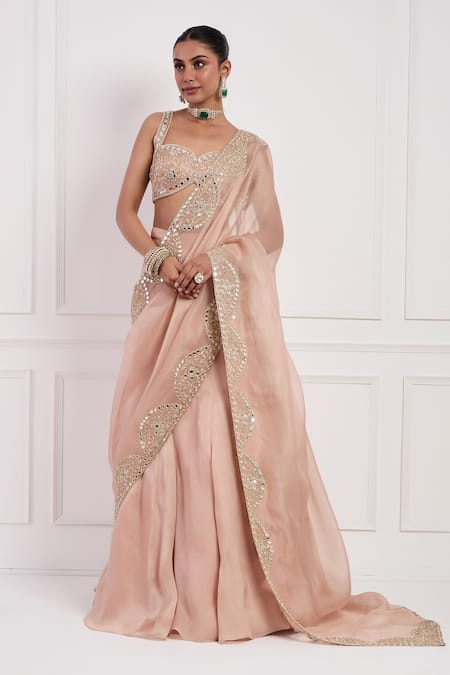 Buy Neha Khullar Pink Silk, Organza, Linen Cut Work, Mirrors, Blush Pre-draped Lehenga Saree Set Online at Aza Fashions Buy_Neha Khullar_Pink Silk, Organza, Linen Cut Work, Mirrors, Blush Pre-draped Lehenga Saree Set _Online_at_Aza_Fashions
