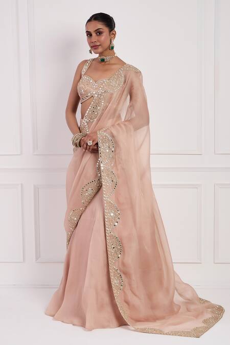 Shop Neha Khullar Pink Silk, Organza, Linen Cut Work, Mirrors, Blush Pre-draped Lehenga Saree Set Online at Aza Fashions Shop_Neha Khullar_Pink Silk, Organza, Linen Cut Work, Mirrors, Blush Pre-draped Lehenga Saree Set _Online_at_Aza_Fashions
