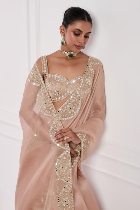 Neha Khullar Pink Silk, Organza, Linen Cut Work, Mirrors, Blush Pre-draped Lehenga Saree Set at Aza Fashions Neha Khullar_Pink Silk, Organza, Linen Cut Work, Mirrors, Blush Pre-draped Lehenga Saree Set _at_Aza_Fashions