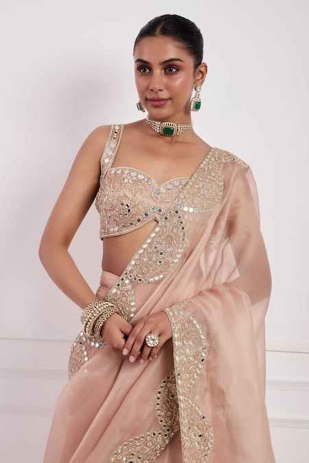 Buy Neha Khullar Pink Silk, Organza, Linen Cut Work, Mirrors, Blush Pre-draped Lehenga Saree Set Buy_Neha Khullar_Pink Silk, Organza, Linen Cut Work, Mirrors, Blush Pre-draped Lehenga Saree Set