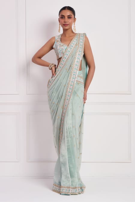 Neha Khullar Sky Blue Net, , Satin Cut Work, Embroidery, Dabka Pre-draped Saree Set Online at Aza Fashions Neha Khullar_Sky Blue Net, , Satin Cut Work, Embroidery, Dabka Pre-draped Saree Set _Online_at_Aza_Fashions