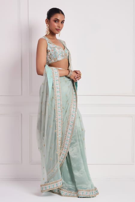 Buy Neha Khullar Sky Blue Net, , Satin Cut Work, Embroidery, Dabka Pre-draped Saree Set Online at Aza Fashions Buy_Neha Khullar_Sky Blue Net, , Satin Cut Work, Embroidery, Dabka Pre-draped Saree Set _Online_at_Aza_Fashions