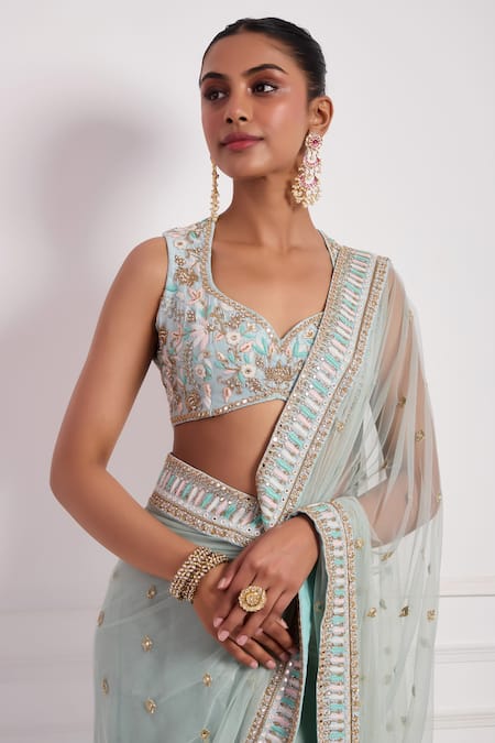 Shop Neha Khullar Sky Blue Net, , Satin Cut Work, Embroidery, Dabka Pre-draped Saree Set Online at Aza Fashions Shop_Neha Khullar_Sky Blue Net, , Satin Cut Work, Embroidery, Dabka Pre-draped Saree Set _Online_at_Aza_Fashions