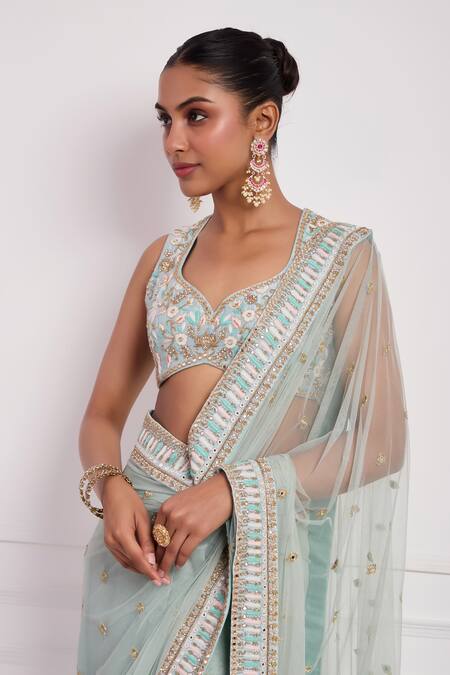 Neha Khullar Sky Blue Net, , Satin Cut Work, Embroidery, Dabka Pre-draped Saree Set at Aza Fashions Neha Khullar_Sky Blue Net, , Satin Cut Work, Embroidery, Dabka Pre-draped Saree Set _at_Aza_Fashions