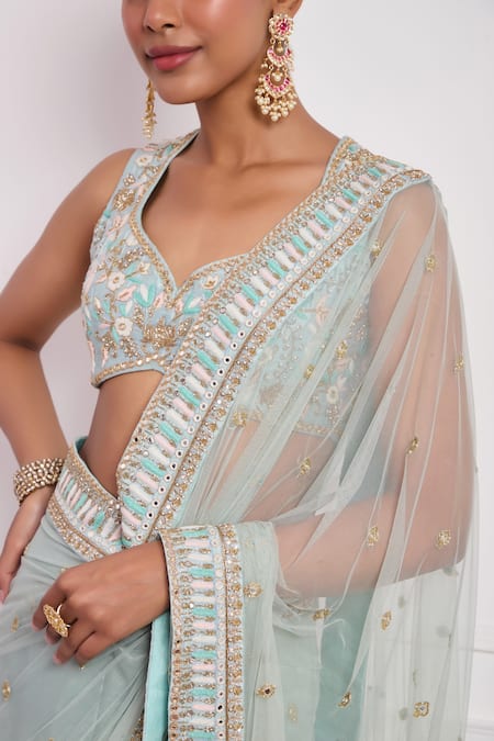 Buy Neha Khullar Sky Blue Net, , Satin Cut Work, Embroidery, Dabka Pre-draped Saree Set Buy_Neha Khullar_Sky Blue Net, , Satin Cut Work, Embroidery, Dabka Pre-draped Saree Set