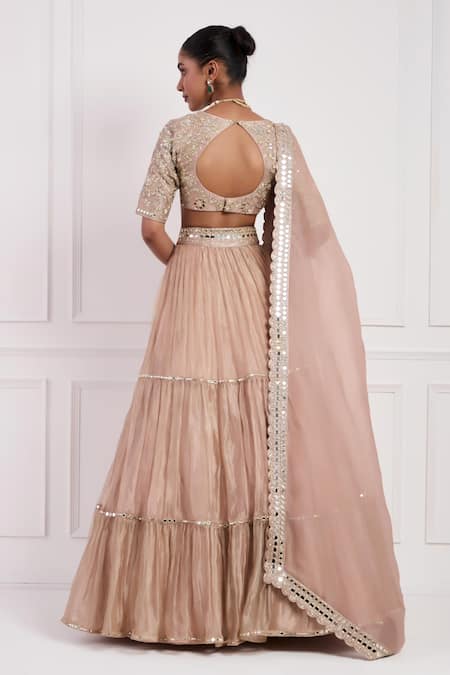 Shop Neha Khullar Pink Lining Shantoon, Organza, Embroidered Blouse Tiered Lehenga Set at Aza Fashions Shop_Neha Khullar_Pink Lining Shantoon, Organza, Embroidered Blouse Tiered Lehenga Set _at_Aza_Fashions