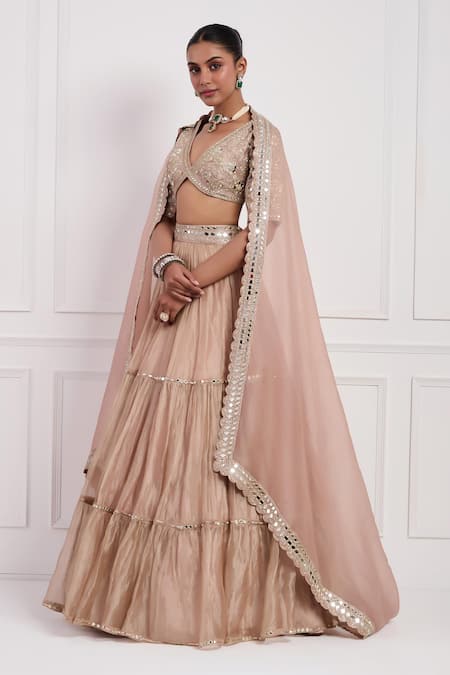 Neha Khullar Pink Lining Shantoon, Organza, Embroidered Blouse Tiered Lehenga Set Online at Aza Fashions Neha Khullar_Pink Lining Shantoon, Organza, Embroidered Blouse Tiered Lehenga Set _Online_at_Aza_Fashions