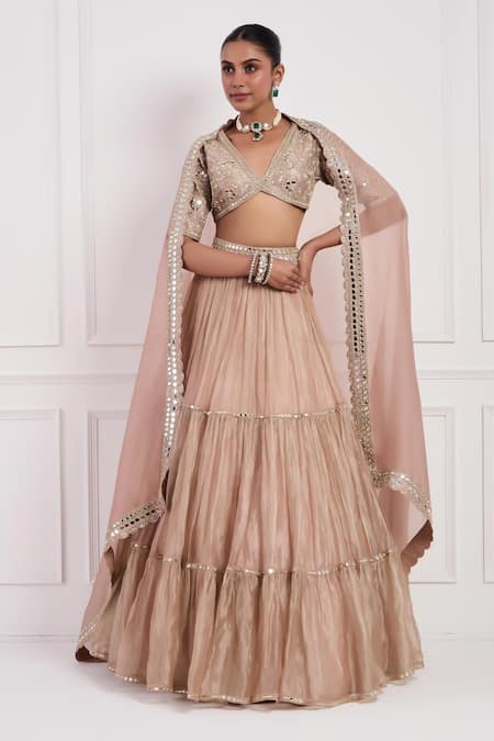 Neha Khullar Pink Lining Shantoon, Organza, Embroidered Blouse Tiered Lehenga Set at Aza Fashions Neha Khullar_Pink Lining Shantoon, Organza, Embroidered Blouse Tiered Lehenga Set _at_Aza_Fashions
