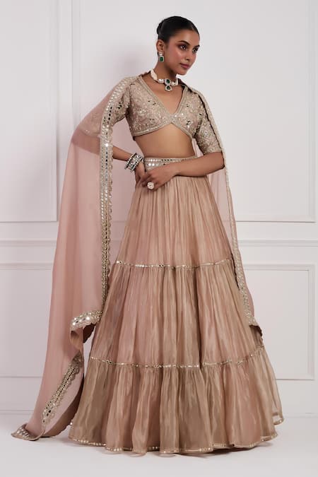 Buy Neha Khullar Pink Lining Shantoon, Organza, Embroidered Blouse Tiered Lehenga Set Buy_Neha Khullar_Pink Lining Shantoon, Organza, Embroidered Blouse Tiered Lehenga Set