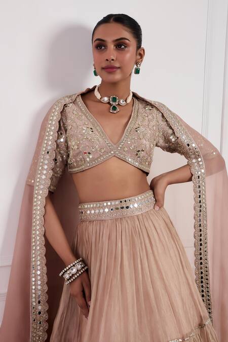 Shop Neha Khullar Pink Lining Shantoon, Organza, Embroidered Blouse Tiered Lehenga Set Shop_Neha Khullar_Pink Lining Shantoon, Organza, Embroidered Blouse Tiered Lehenga Set