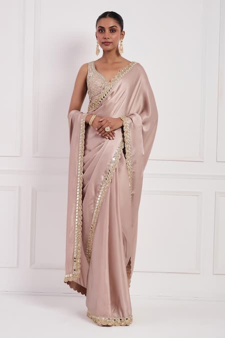 Neha Khullar Pink Satin, Lining Shantoon, Raw Silk, Embroidered Blouse Saree Set Online at Aza Fashions Neha Khullar_Pink Satin, Lining Shantoon, Raw Silk, Embroidered Blouse Saree Set _Online_at_Aza_Fashions