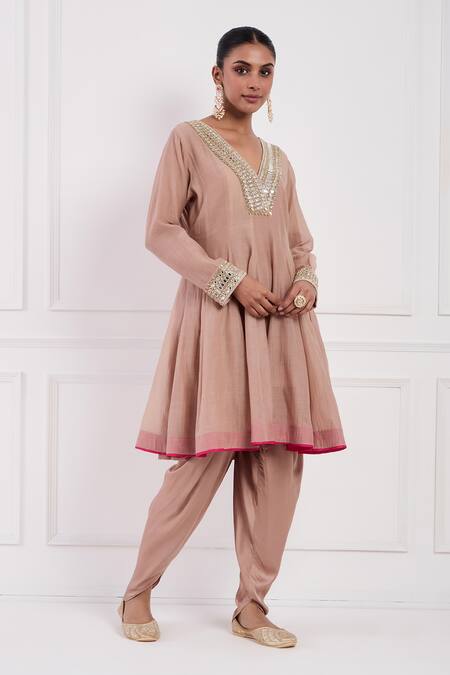 Shop Neha Khullar Pink Modal, Chanderi Silk Cut Work Dabka Embroidered Anarkali And Dhoti Pant Set Online at Aza Fashions Shop_Neha Khullar_Pink Modal, Chanderi Silk Cut Work Dabka Embroidered Anarkali And Dhoti Pant Set _Online_at_Aza_Fashions