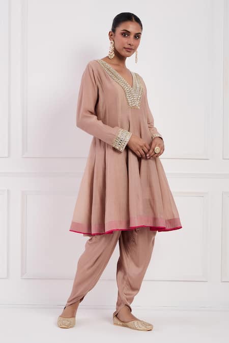 Neha Khullar Pink Modal, Chanderi Silk Cut Work Dabka Embroidered Anarkali And Dhoti Pant Set at Aza Fashions Neha Khullar_Pink Modal, Chanderi Silk Cut Work Dabka Embroidered Anarkali And Dhoti Pant Set _at_Aza_Fashions