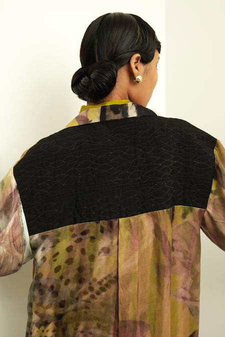 OFRIDA_Multi Color Silk Embroidery Collared Floral Print Gajji Trench Jacket _Online_at_Aza_Fashions