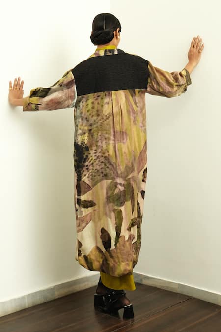 Shop_OFRIDA_Multi Color Silk Embroidery Collared Floral Print Gajji Trench Jacket _at_Aza_Fashions