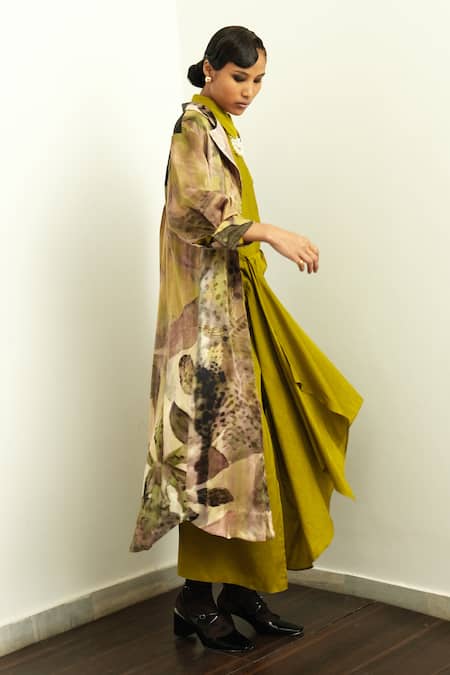 Buy_OFRIDA_Multi Color Silk Embroidery Collared Floral Print Gajji Trench Jacket _Online_at_Aza_Fashions