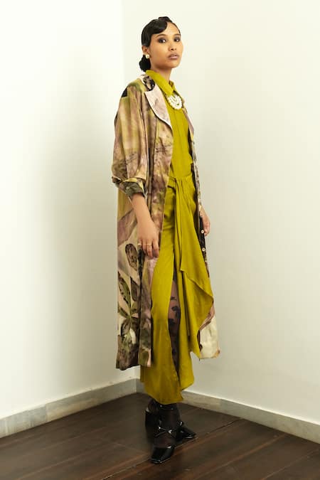 Shop_OFRIDA_Multi Color Silk Embroidery Collared Floral Print Gajji Trench Jacket _Online_at_Aza_Fashions