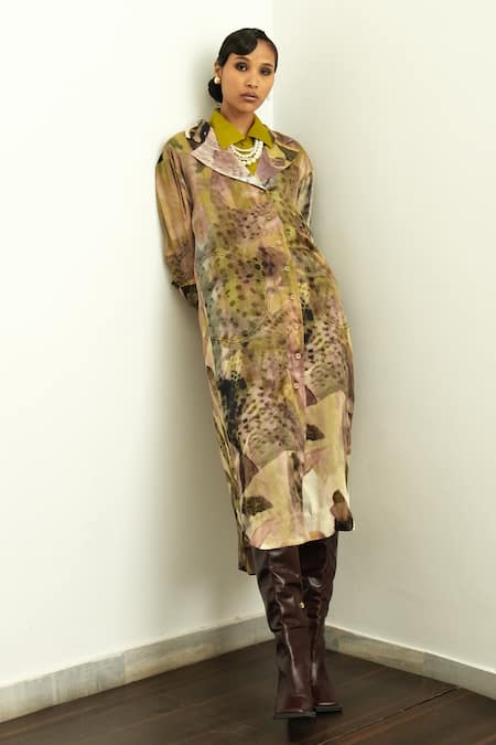 OFRIDA_Multi Color Silk Embroidery Collared Floral Print Gajji Trench Jacket _at_Aza_Fashions
