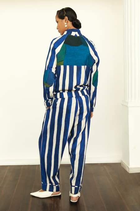 Shop OFRIDA Blue Twill Linen Stripe Open Print Bomber Jacket at Aza Fashions Shop_OFRIDA_Blue Twill Linen Stripe Open Print Bomber Jacket _at_Aza_Fashions