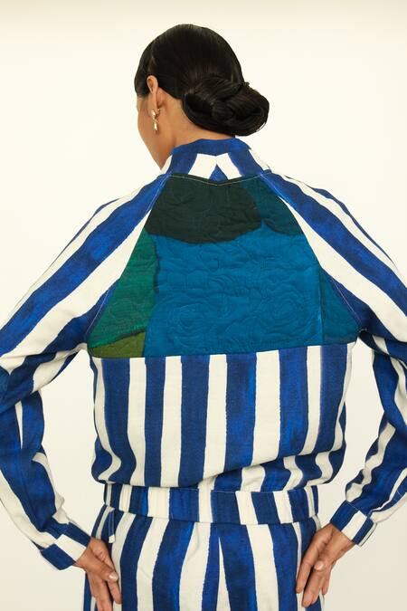OFRIDA Blue Twill Linen Stripe Open Print Bomber Jacket Online at Aza Fashions OFRIDA_Blue Twill Linen Stripe Open Print Bomber Jacket _Online_at_Aza_Fashions