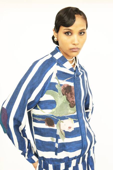 Buy OFRIDA Blue Twill Linen Stripe Open Print Bomber Jacket Online at Aza Fashions Buy_OFRIDA_Blue Twill Linen Stripe Open Print Bomber Jacket _Online_at_Aza_Fashions