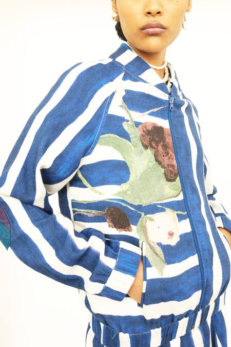 Shop OFRIDA Blue Twill Linen Stripe Open Print Bomber Jacket Online at Aza Fashions Shop_OFRIDA_Blue Twill Linen Stripe Open Print Bomber Jacket _Online_at_Aza_Fashions