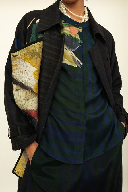 Buy_Ofrida_Multi Color Linen Collared Psyflora Print Multicolor Trench Overlay _Online_at_Aza_Fashions