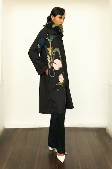 Shop_Ofrida_Multi Color Linen Collared Psyflora Print Multicolor Trench Overlay _Online_at_Aza_Fashions