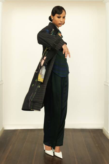 Ofrida_Multi Color Linen Collared Psyflora Print Multicolor Trench Overlay _at_Aza_Fashions