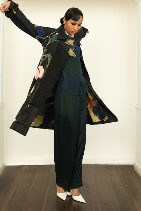 Buy_Ofrida_Multi Color Linen Collared Psyflora Print Multicolor Trench Overlay 