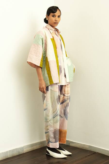 OFRIDA_Multi Color Silk Applique Open Neck Floral Quilted Kimono Jacket _Online_at_Aza_Fashions