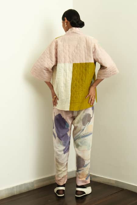 Shop_OFRIDA_Multi Color Silk Applique Open Neck Floral Quilted Kimono Jacket _at_Aza_Fashions