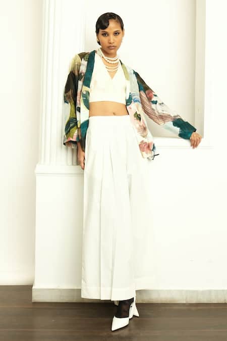 OFRIDA Multi Color Cotton, Silk V-neck Moonbloom Print Jacket Online at Aza Fashions OFRIDA_Multi Color Cotton, Silk V-neck Moonbloom Print Jacket _Online_at_Aza_Fashions