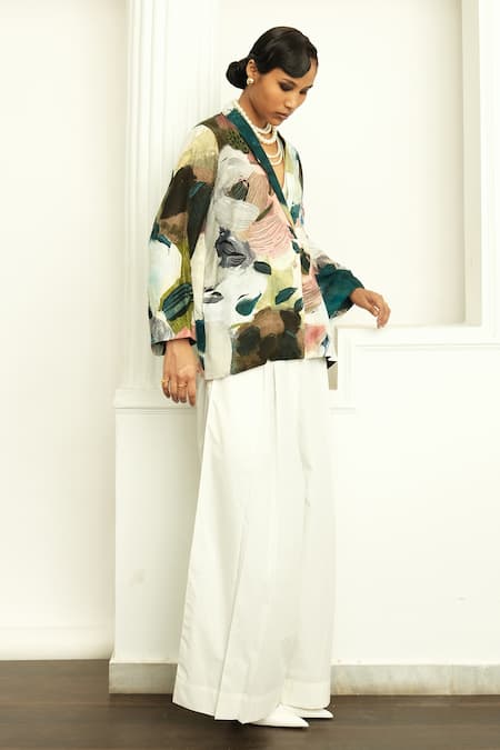 Buy OFRIDA Multi Color Cotton, Silk V-neck Moonbloom Print Jacket Online at Aza Fashions Buy_OFRIDA_Multi Color Cotton, Silk V-neck Moonbloom Print Jacket _Online_at_Aza_Fashions