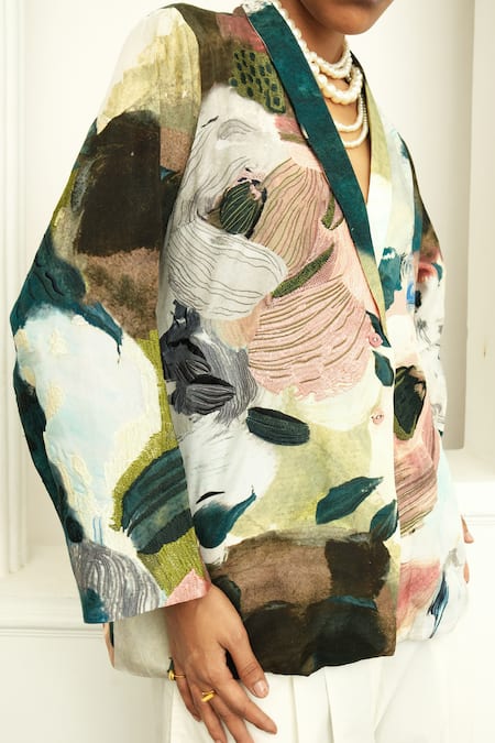 Shop OFRIDA Multi Color Cotton, Silk V-neck Moonbloom Print Jacket Online at Aza Fashions Shop_OFRIDA_Multi Color Cotton, Silk V-neck Moonbloom Print Jacket _Online_at_Aza_Fashions