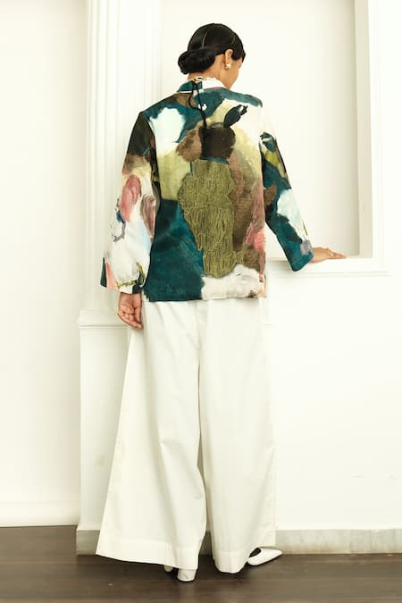 Shop OFRIDA Multi Color Cotton, Silk V-neck Moonbloom Print Jacket at Aza Fashions Shop_OFRIDA_Multi Color Cotton, Silk V-neck Moonbloom Print Jacket _at_Aza_Fashions